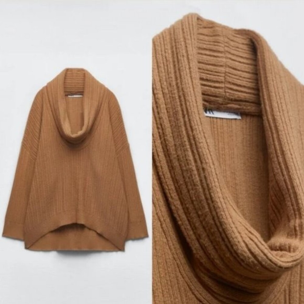 ZARA OVERSIZED Ribbed Finish COWL NECK SWEATER Camel Tan Size S